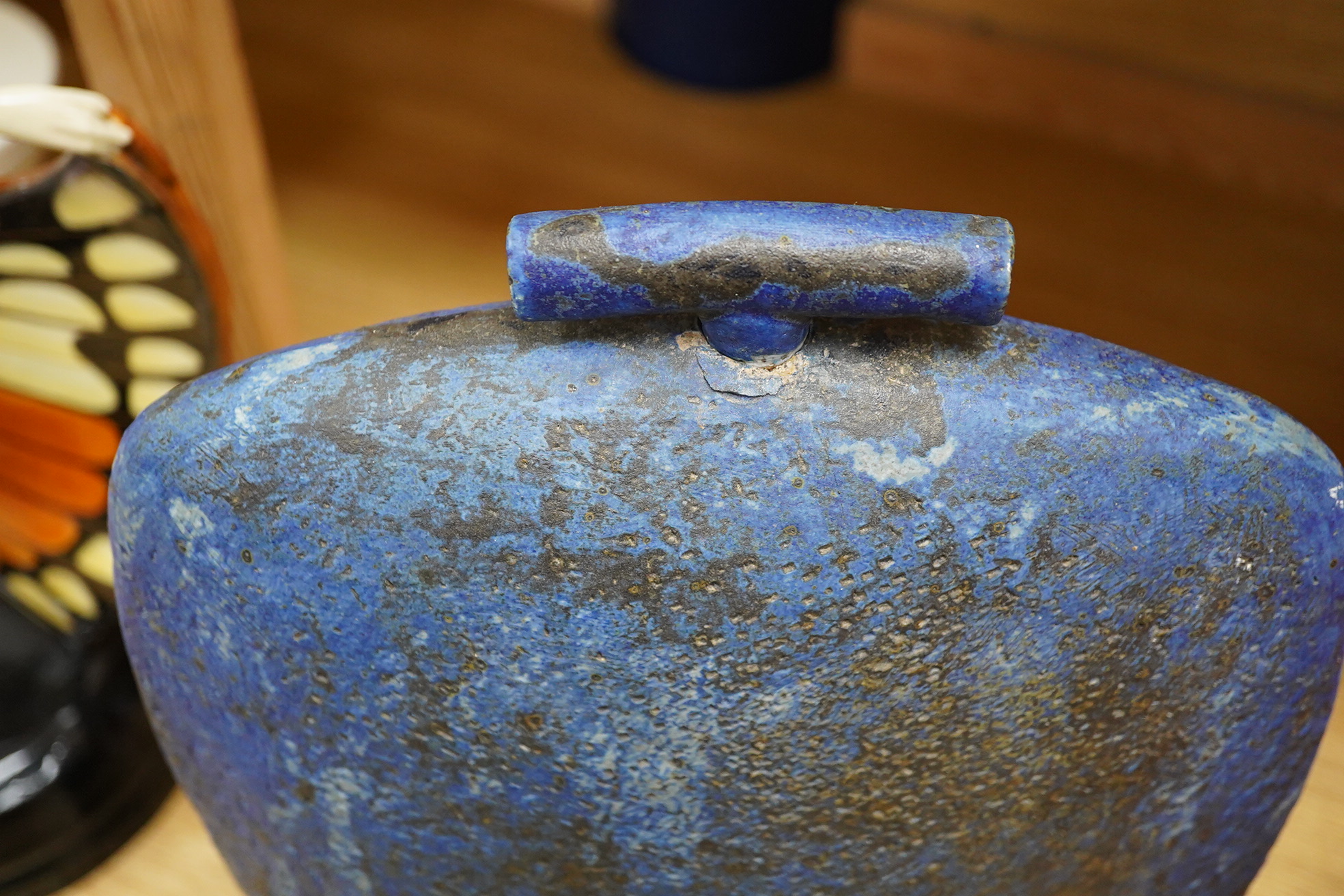 A large blue glazed pottery bottle and stopper, circa 1960's/80's, indistinct incised initials to the base, 37cm high